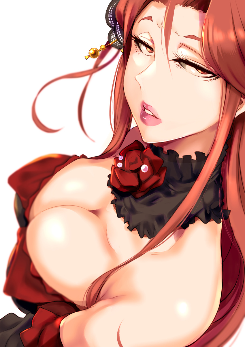 1girl absurdres bare_shoulders blurry breasts brown_eyes brown_hair cleavage depth_of_field flower from_above from_side hair_ornament highres idolmaster idolmaster_cinderella_girls idolmaster_cinderella_girls_starlight_stage lips long_hair looking_at_viewer looking_up medium_breasts neck_flower neck_ruff otochichi parted_lips pink_lips red_flower red_rose rose sidelocks simple_background solo white_background zaizen_tokiko