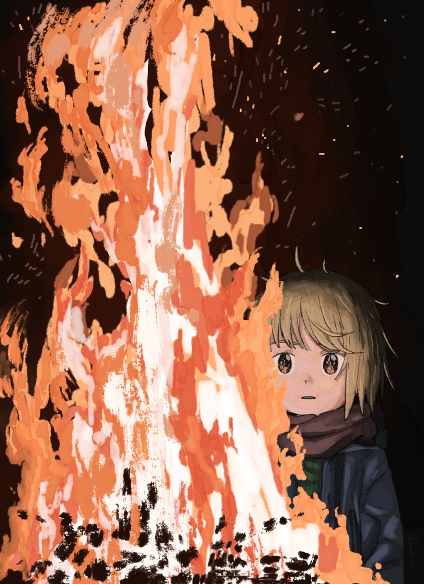 1girl black_background black_jacket blonde_hair bonfire commentary_request eye_reflection fire floating_hair green_sweater highres jacket long_sleeves open_clothes open_jacket original parted_lips red_scarf reflection ribbed_sweater scarf short_hair simple_background solo sparks sweater upper_body yoshiaki_(yosiaki02)