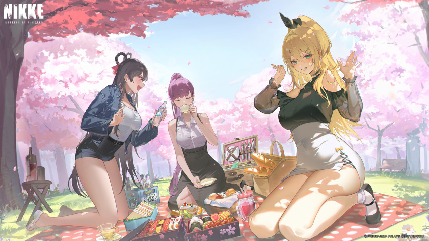 3girls ahoge alternate_costume animal_ears apple baguette bare_legs belt bento black_belt black_choker black_footwear black_hair black_shirt black_shorts black_skirt blonde_hair blue_eyes blue_jacket blush bottle braided_hair_rings bread breasts casual cherry_blossoms choker closed_eyes clothing_cutout collar collared_shirt commentary copyright_name covered_navel cup day denim denim_jacket dolla_(nikke) drinking drinking_straw earrings egg_(food) english_commentary fake_animal_ears falling_petals food fork frilled_collar frilled_sleeves frills fruit full_body goddess_of_victory:_nikke grapes grin hair_between_eyes hair_intakes hair_ornament hair_ribbon hair_rings hairclip hanami heart_cutout high-waist_skirt high_heels highres hisiya_(wldn1112) holding holding_bottle holding_cup jacket jewelry kneeling knife logo long_hair looking_at_another looking_at_viewer mary_janes medium_breasts miniskirt multiple_girls official_art omelet onigiri open_clothes open_jacket open_mouth orange_eyes outdoors pencil_skirt petals picnic picnic_basket picnic_blanket plate polka_dot polka_dot_blanket ponytail purple_hair rabbit_ears red_ribbon ribbon rupee_(nikke) sandals sandwich second-party_source see-through see-through_sleeves shirt shirt_tucked_in shoes short_shorts shorts shoulder_cutout shrimp side_slit sitting skirt sleeveless sleeveless_shirt smile socks spoon sushi talentum_(nikke) tamagoyaki teacup watermark white_footwear white_shirt white_skirt white_socks wine_bottle wing_collar yan_(nikke) yokozuwari
