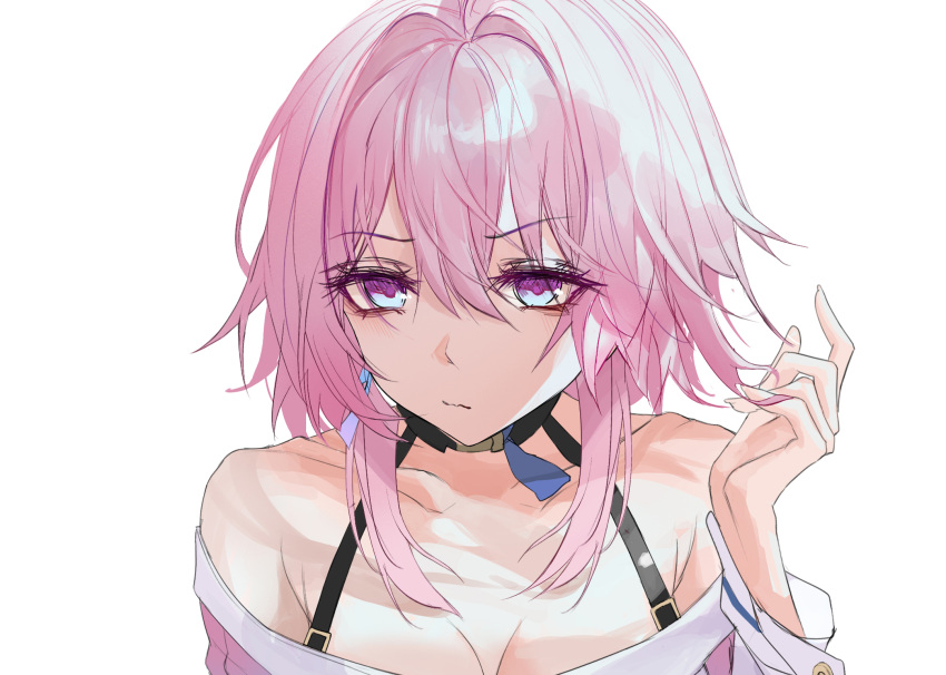 1girl bare_shoulders black_choker blue_eyes bra_strap breasts choker cleavage commentary hand_up highres honkai:_star_rail honkai_(series) long_hair looking_at_viewer march_7th_(honkai:_star_rail) off-shoulder_shirt off_shoulder pink_hair purple_eyes shirt simple_background solo turbulence two-tone_eyes unfinished white_background