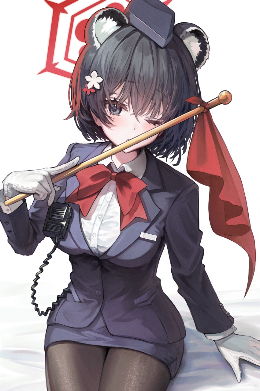 1girl absurdres animal_ears black_eyes black_hair black_hat black_skirt blue_archive blush bow bowtie breasts buttons collared_shirt extra_ears flag hair_between_eyes halo hat highres holding holding_flag large_breasts long_sleeves looking_at_viewer official_alternate_costume one_eye_closed parted_lips pencil_skirt pleated_skirt qc6 red_bow red_bowtie red_halo shirt short_hair simple_background skirt solo suit tsubaki_(blue_archive) tsubaki_(guide)_(blue_archive) white_background white_shirt