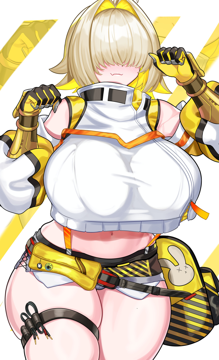 1girl absurdres arm_guards bag belt blonde_hair blush breasts closed_mouth clothing_cutout crop_top crop_top_overhang cropped_sweater elegg_(nikke) gloves goddess_of_victory:_nikke hair_intakes hair_over_eyes highres huge_breasts long_bangs long_sleeves micro_shorts midriff navel nez-box shorts shoulder_cutout smile solo sweater thigh_strap thighs white_shorts white_sweater
