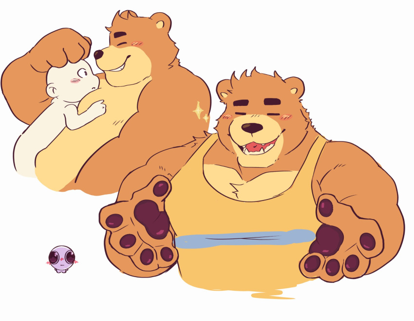 1boy 1other =_= animal_ears animal_hands bara bear_boy bear_ears belly blush brown_fur cropped_torso furry furry_male headpat highres large_pectorals lying_on_person male_focus offering_hand original pectorals plump short_hair size_difference sparkle tank_top teddy_(toastysharky) thick_eyebrows toastysharky yellow_tank_top