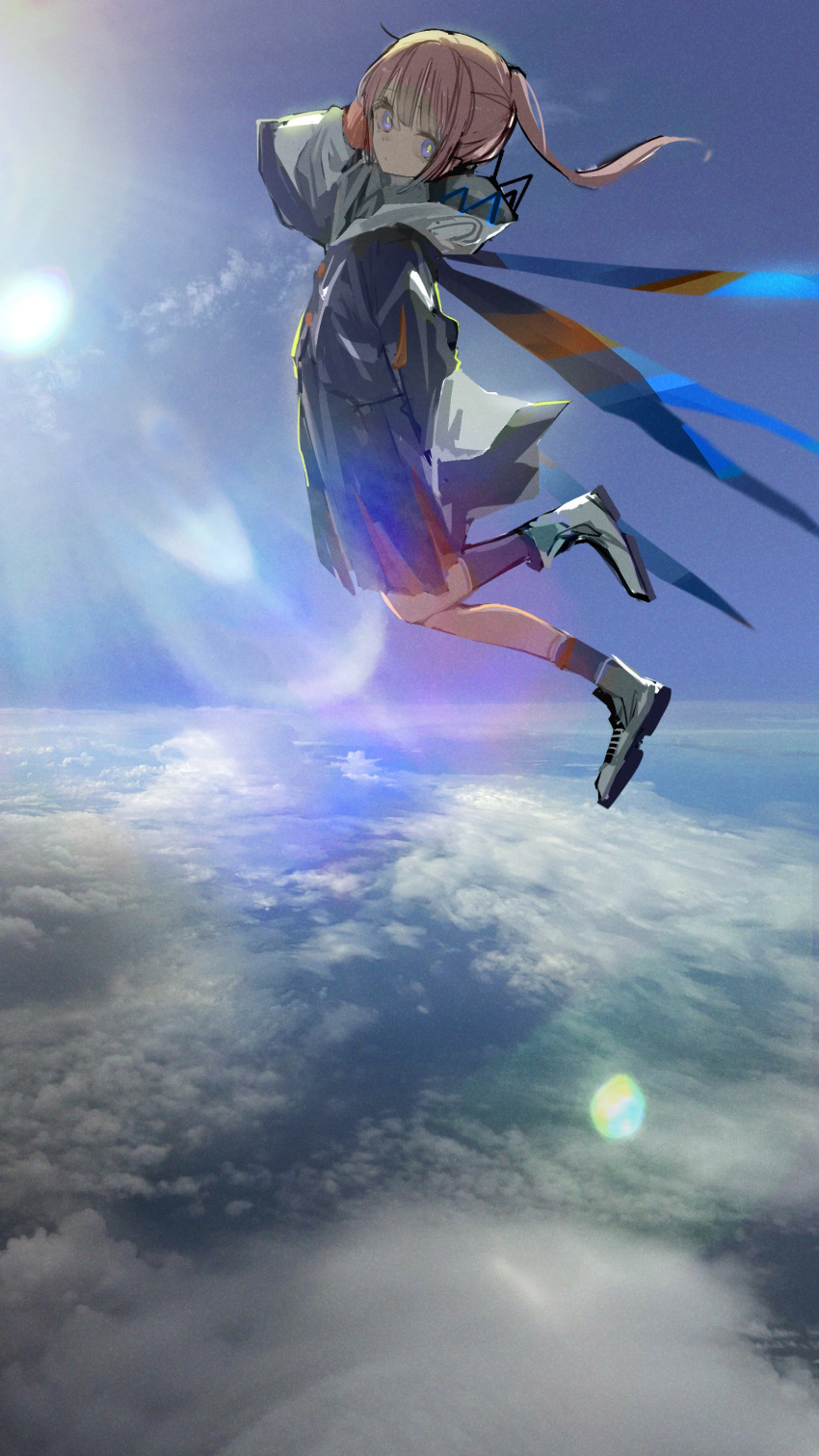 1girl above_clouds absurdres blue_eyes boots cloud expressionless full_body highres hood hooded_jacket jacket kaf_(kamitsubaki_studio) kamitsubaki_studio looking_at_viewer medium_hair midair photo_background pink_hair ponytail sketch skirt sky solo sun sun_1200 virtual_youtuber yellow_pupils