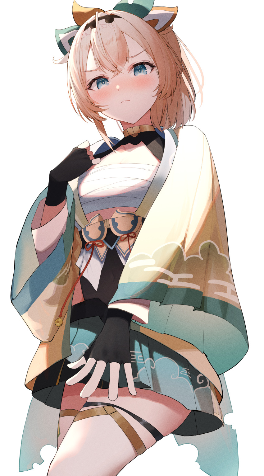 1girl absurdres black_gloves black_leotard blonde_hair blue_skirt blush bow breasts chest_sarashi fingerless_gloves gloves green_eyes hair_bow highres hololive imblossoms japanese_clothes kazama_iroha kazama_iroha_(1st_costume) kimono leotard looking_at_viewer multicolored_bow ponytail sarashi skirt small_breasts solo virtual_youtuber white_background white_kimono