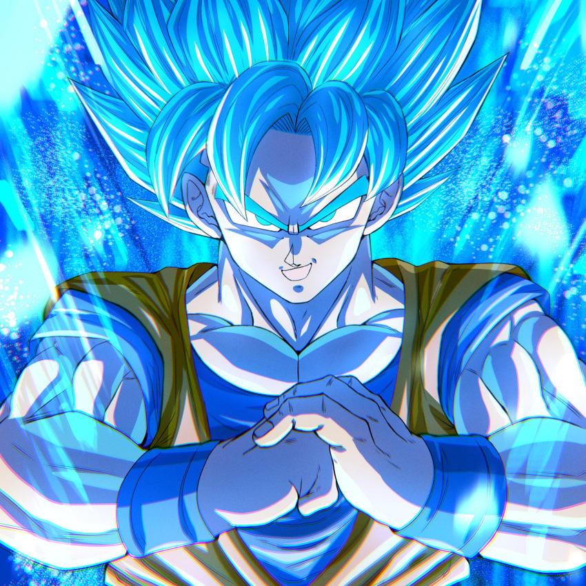 aura blue_eyes blue_hair blue_shirt chiro_illust clenched_hand close-up dougi dragon_ball dragon_ball_super highres looking_at_viewer medium_hair muscular open_mouth orange_shirt shirt short_sleeves sleeveless sleeveless_shirt son_goku spiked_hair super_saiyan super_saiyan_blue