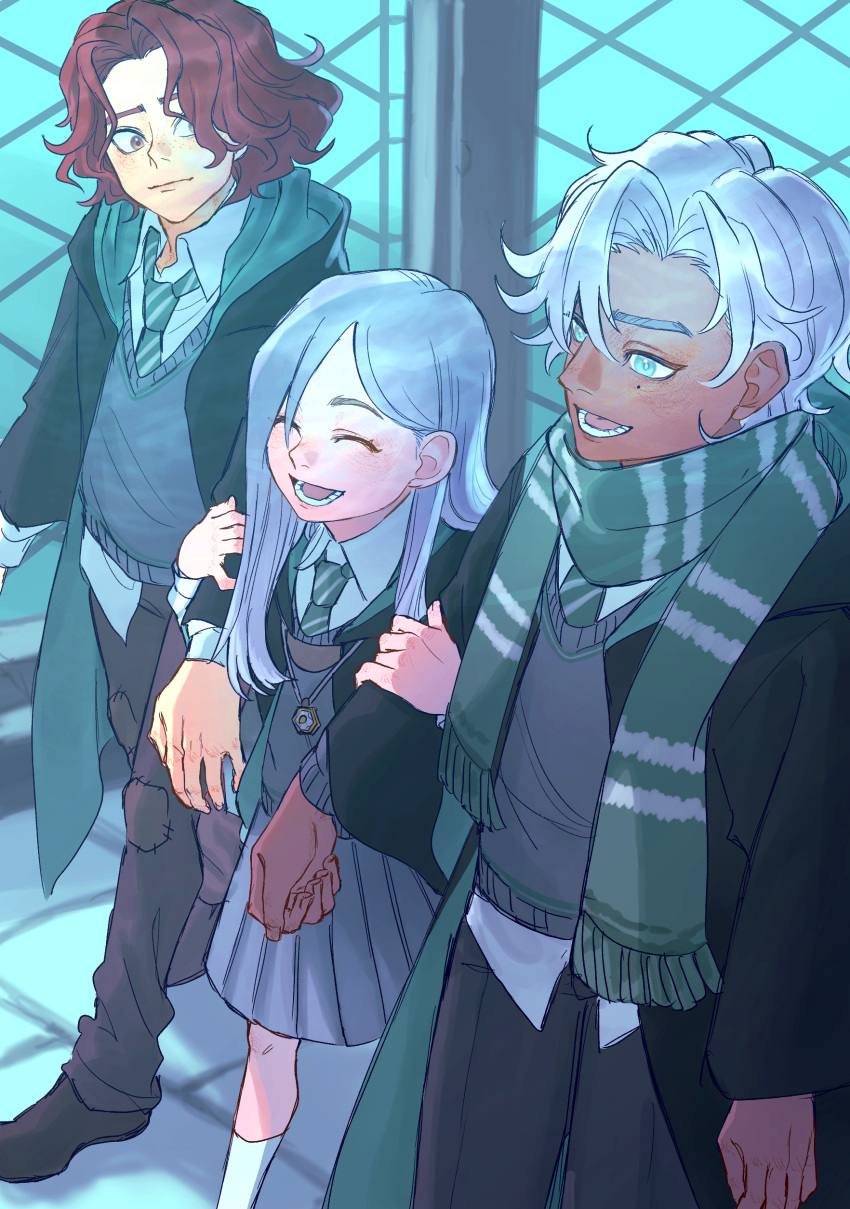 1girl 2boys absurdres black_pants black_robe brown_eyes cardigan closed_mouth collared_shirt commentary_request daniel_page dark-skinned_male dark_skin freckles green_eyes green_scarf grey_cardigan grey_hair grey_skirt harry_potter:_magic_awakened highres hogwarts_school_uniform holding_another's_arm hood hood_down hooded_robe indoors ivy_warrington long_hair long_sleeves lower_teeth_only mole mole_under_eye multiple_boys open_clothes open_robe pants pleated_skirt red_hair robe scarf school_uniform shirt skirt slytherin smile teeth uniform user_yxtk5473 wavy_hair white_hair white_shirt window wizarding_world