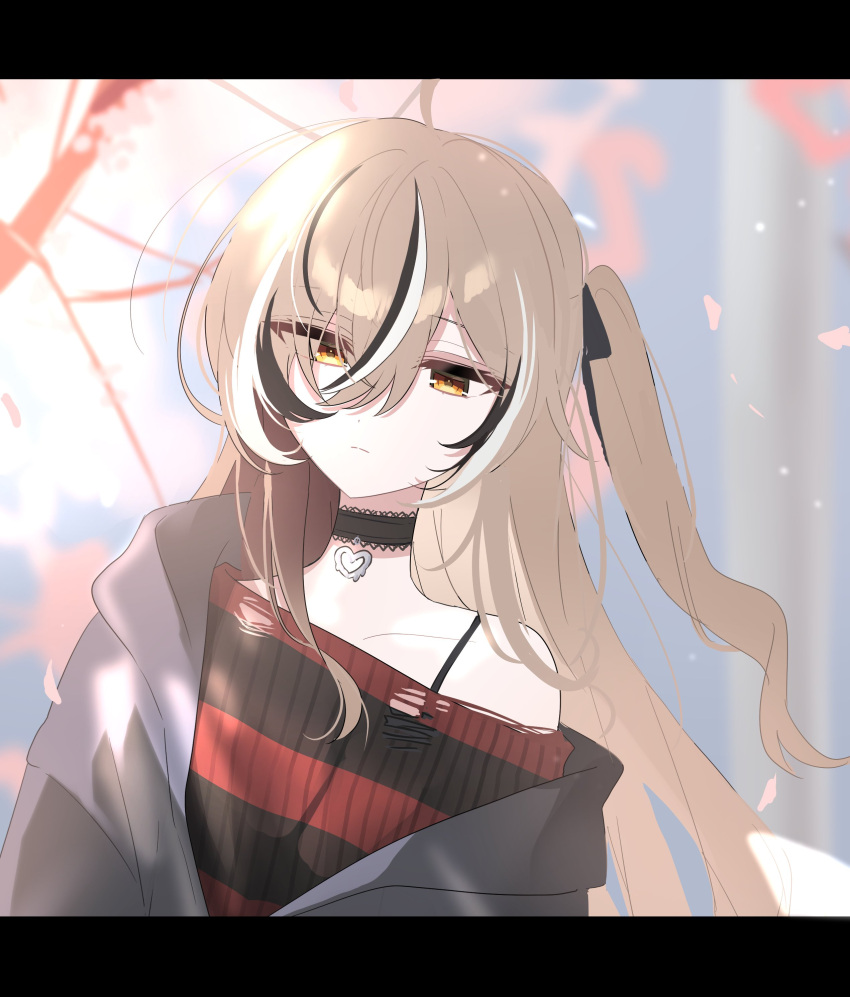 1girl absurdres ahoge black_jacket black_sweater blurry blurry_background brown_eyes brown_hair choker emo_fashion hair_over_one_eye heart heart_choker highres hololive hololive_english jacket lace-trimmed_choker lace_trim light_particles long_hair looking_down multicolored_hair nanashi_mumei nanashi_mumei_(emo) one_side_up red_sweater single_off_shoulder spaghetti_strap streaked_hair striped_clothes striped_sweater sweater torn_clothes torn_sweater two-tone_sweater very_long_hair virtual_youtuber xx_tk9