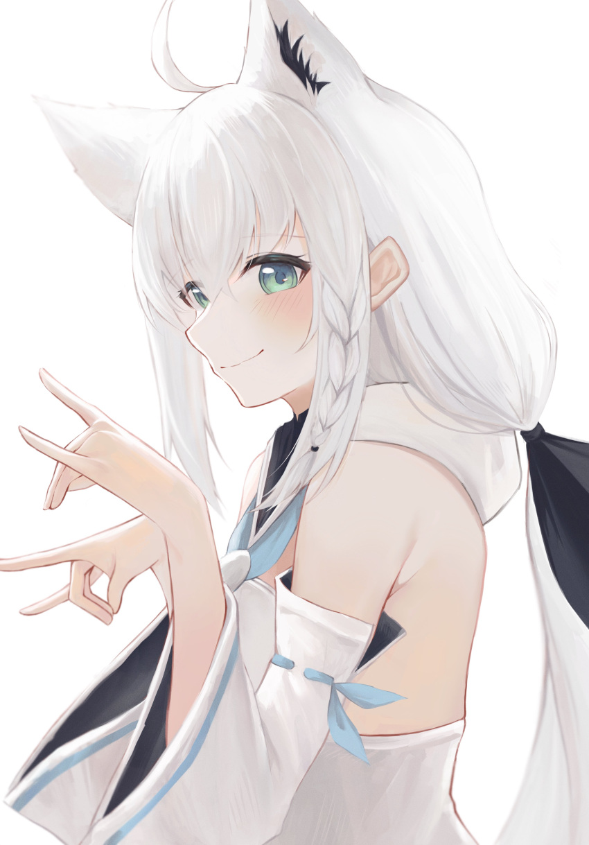 1girl absurdres ahoge animal_ear_fluff animal_ears aqua_eyes black_ribbon blue_neckerchief blue_ribbon blush detached_sleeves double_fox_shadow_puppet extra_ears fox_ears fox_girl fox_shadow_puppet from_side hair_ribbon hands_up highres hololive hood hoodie long_hair looking_at_viewer low_ponytail neckerchief ribbon ru_airasuto shirakami_fubuki shirakami_fubuki_(1st_costume) simple_background smile solo upper_body virtual_youtuber white_background white_hair white_hoodie white_sleeves wide_sleeves