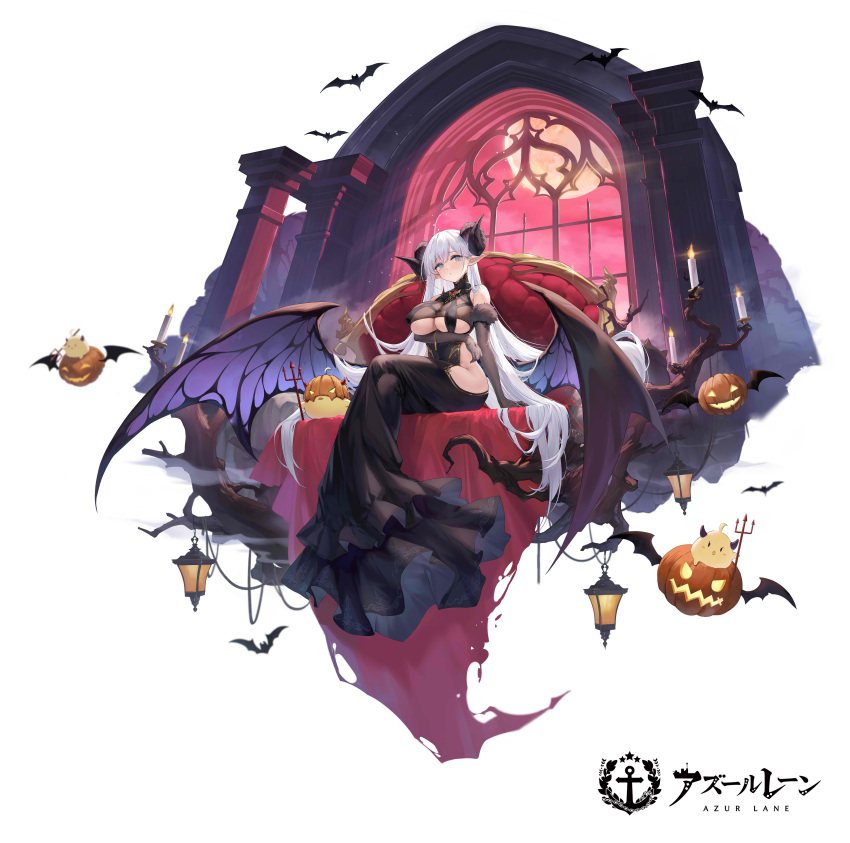 1girl absurdres albion_(azur_lane) albion_(silvermoon_faerie_princess)_(azur_lane) arm_support azur_lane bare_shoulders bat_(animal) bird black_dress blue_eyes blue_hair breasts candle commentary_request copyright_name covered_nipples curled_horns demon_wings dress elbow_gloves elf full_moon fur_trim gloves gold_trim highres hip_vent horns jack-o'-lantern large_breasts logo long_dress long_hair looking_at_viewer low_wings manjuu_(azur_lane) moon ng_jie no_bra no_panties official_art pointy_ears pumpkin red_sky sitting sky sleeveless thighs turtleneck underboob white_background window wings