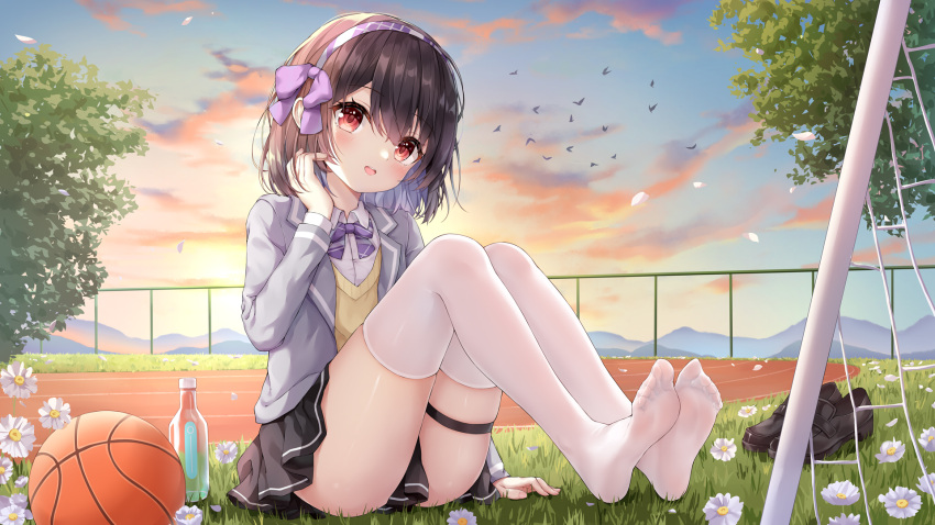 1girl anklet baseball_(object) bird black_skirt bottle brown_hair cloud feet fence flat_chest flower grey_jacket highres jacket jewelry looking_at_viewer mountainous_horizon no_shoes open_mouth original outdoors petals purple_ribbon red_eyes ribbon running_track school_uniform shirt short_hair sitting skirt soles sunset thighhighs thighs tree white_shirt yellow_shirt yutian_alice