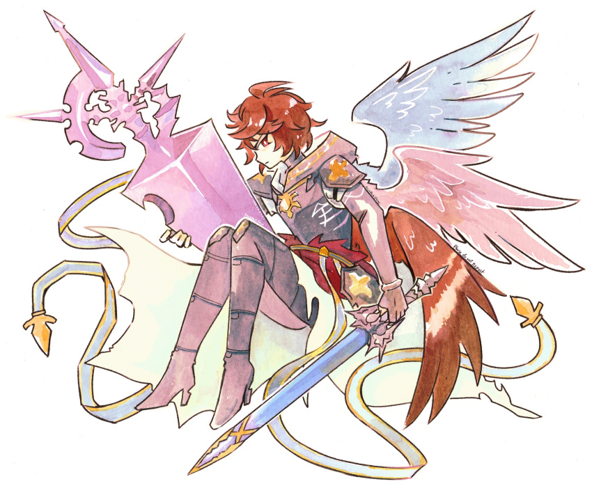 1boy absurdres ahoge armor artist_name belt blue_belt blue_wings boots breastplate brown_hair brown_wings cape energy_sword english_commentary fauxpapillon feathered_wings fingerless_gloves floating full_body gloves granblue_fantasy hair_between_eyes high_heel_boots high_heels highres holding holding_sword holding_weapon hood hood_down knees_up male_focus messy_hair multiple_wings painting_(medium) red_eyes red_wings sandalphon_(granblue_fantasy) sitting solo_focus sword traditional_media watercolor_(medium) weapon white_background white_cape wings