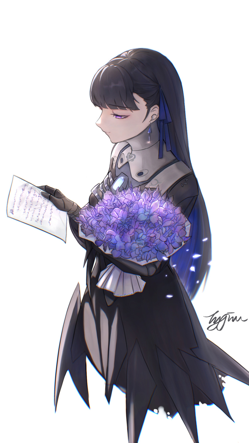 black_dress black_hair blue_hair blue_ribbon bouquet colored_inner_hair commentary_request dress earrings flower flower_request gradient_hair hair_ribbon high_collar highres holding holding_bouquet holding_letter jewelry letter long_hair long_sleeves mechanical_hands mechanical_parts multicolored_hair punishing:_gray_raven purple_eyes purple_flower ribbon selena:_tempest_(punishing:_gray_raven) selena_(punishing:_gray_raven) signature