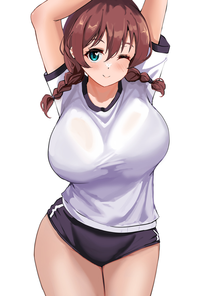 1girl absurdres arms_up black_bra black_buruma blush bra bra_visible_through_clothes braid breasts brown_hair buruma closed_mouth commentary_request cowboy_shot emma_verde gym_shirt hair_between_eyes highres large_breasts looking_at_viewer love_live! love_live!_nijigasaki_high_school_idol_club one_eye_closed pisagi see-through shirt short_sleeves short_twintails sidelocks simple_background smile solo standing twin_braids twintails underwear white_background white_shirt