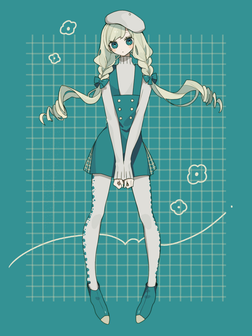 1girl aqua_theme beret blonde_hair blue_eyes bow braid dress full_body grid_background hair_bow hat highres long_hair long_sleeves looking_at_viewer maco22 original pantyhose signature solo standing sweater turtleneck twin_braids twintails white_hat white_pantyhose white_sweater