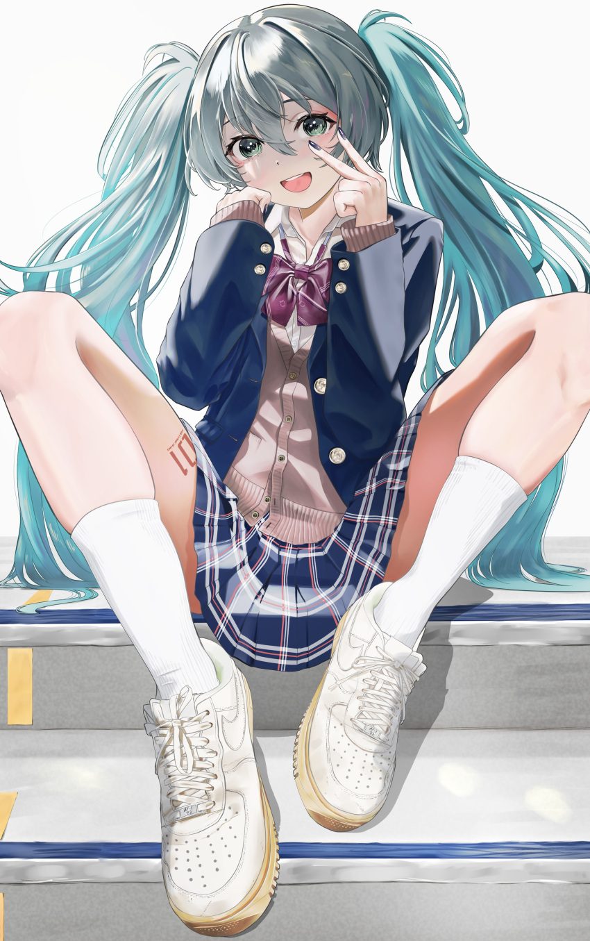 1girl absurdres aqua_hair black_jacket black_nails blue_skirt bow bowtie brown_cardigan cardigan collared_shirt dress_shirt floating_hair green_eyes hair_between_eyes hatsune_miku highres hxk4_n jacket kneehighs leg_tattoo long_hair looking_at_viewer miniskirt nail_polish number_tattoo open_clothes open_jacket plaid plaid_skirt pleated_skirt red_bow red_bowtie school_uniform shirt shoes skindentation skirt sneakers socks solo spread_legs tattoo twintails very_long_hair vocaloid white_background white_footwear white_shirt white_socks wing_collar