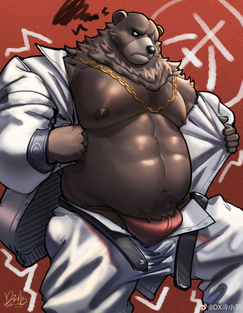 1boy abs absurdres alternate_pectoral_size animal_ears bara bare_pectorals bear_boy bear_ears ben_bigger bulge chain_necklace cowboy_shot fat fat_man furry furry_male gloves highres huge_pectorals jewelry leng_xiaoyu male_focus male_underwear muscular muscular_male navel navel_hair necklace nipples open_fly orange_male_underwear pants pectorals scar scar_across_eye shirt squiggle standing stomach strongman_waist thick_navel_hair underwear undressing zenless_zone_zero