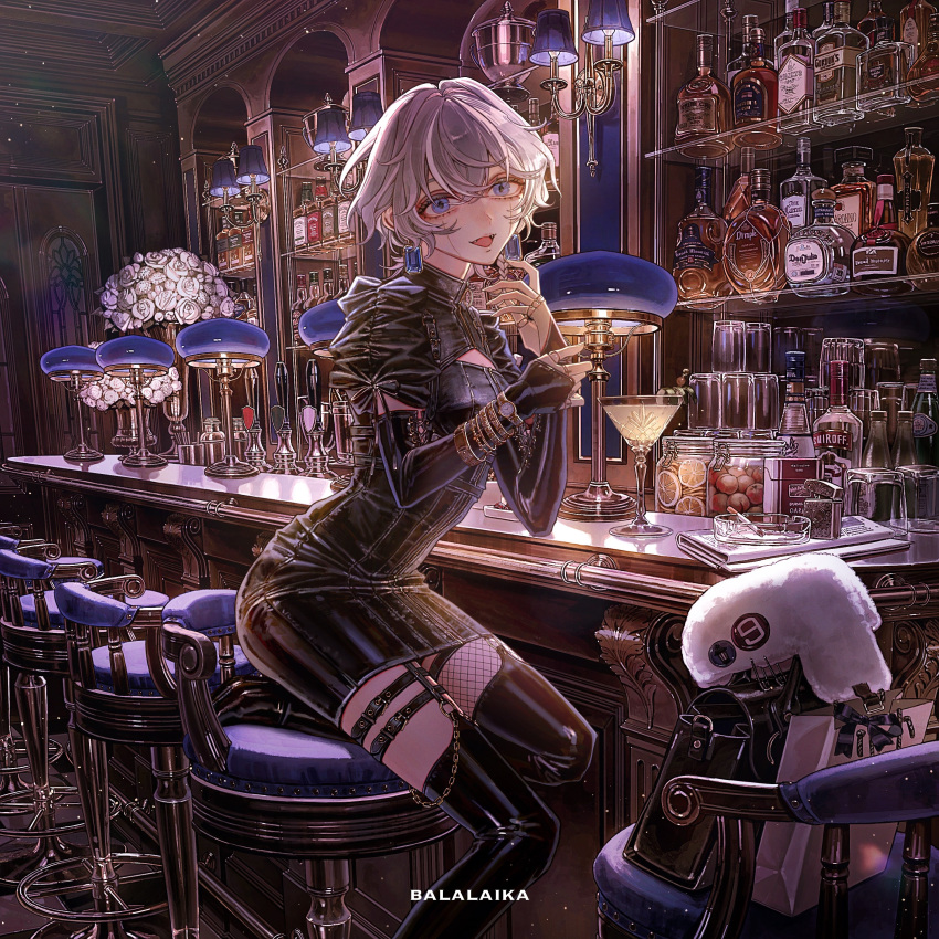 1girl 9lana absurdres alcohol artist_request bag bar_(place) black_dress black_footwear black_gloves blue_eyes boots breasts cocktail_glass cup dress drinking_glass earrings elbow_gloves fingerless_gloves garter_straps gloves grey_hair hair_between_eyes handbag highres indie_utaite jewelry looking_at_viewer multiple_rings open_mouth puffy_short_sleeves puffy_sleeves ring short_hair short_sleeves sitting small_breasts smile solo song_name thigh_boots utaite