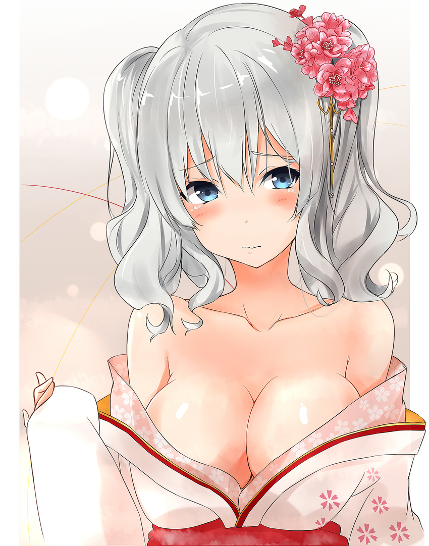 cleavage kantai_collection kashima_(kancolle) kimono no_bra open_shirt saku_(kudrove)