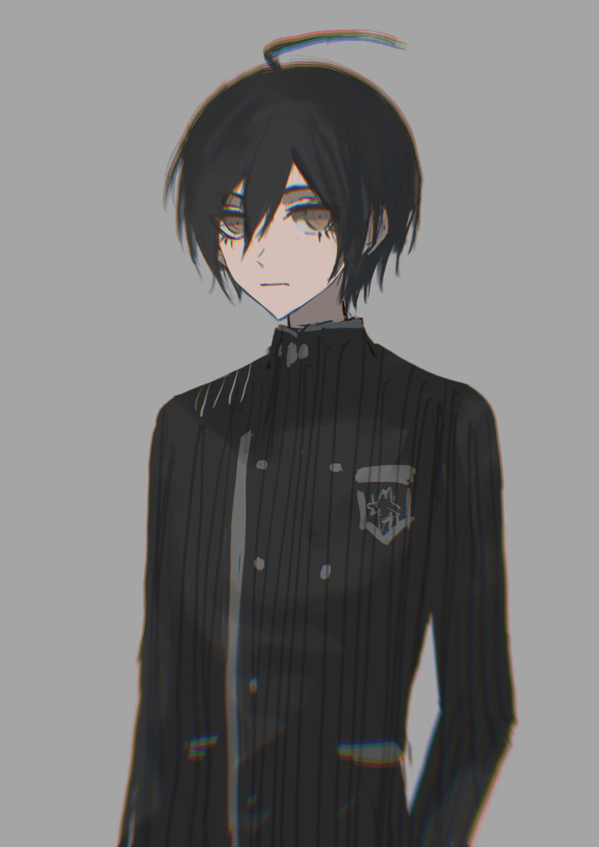 1boy absurdres ahoge black_hair black_jacket breast_pocket brown_eyes buttons danganronpa_(series) danganronpa_v3:_killing_harmony double-breasted fu_ga_(vivi912912) grey_background hair_between_eyes highres jacket long_sleeves male_focus pocket saihara_shuichi short_hair simple_background solo striped_clothes striped_jacket