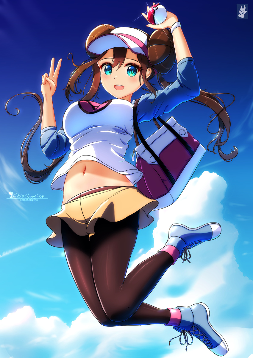 1girl :d absurdres blue_footwear blush breasts brown_hair brown_pantyhose chinchongcha day floating_hair full_body glint green_eyes highres holding holding_poke_ball long_hair navel open_mouth outdoors pantyhose poke_ball poke_ball_(basic) pokemon pokemon_bw2 rosa_(pokemon) shirt shoes short_shorts shorts sky sleeves_past_elbows smile sneakers solo v visor_cap yellow_shorts