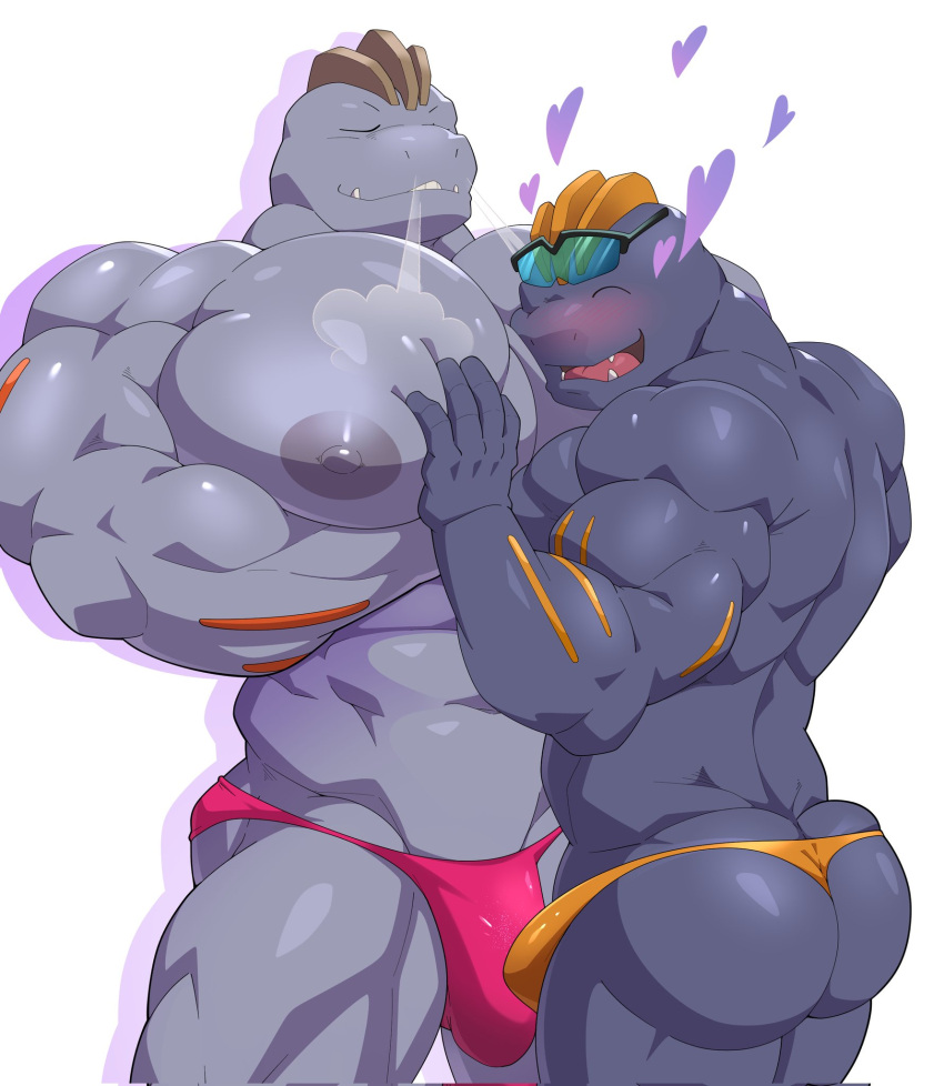 abs back_muscles biceps bulge butt clothing duo flint_steel generation_1_pokemon hi_res humanoid machoke maldu male male/male muscular muscular_humanoid muscular_male nintendo nipples pecs pokemon pokemon_(species) ryuji_kaiyo size_difference thong underwear