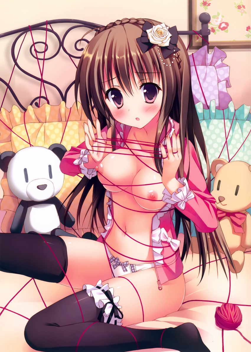 4season breasts garter lingerie nipples no_bra open_shirt pantsu saeki_nao thighhighs