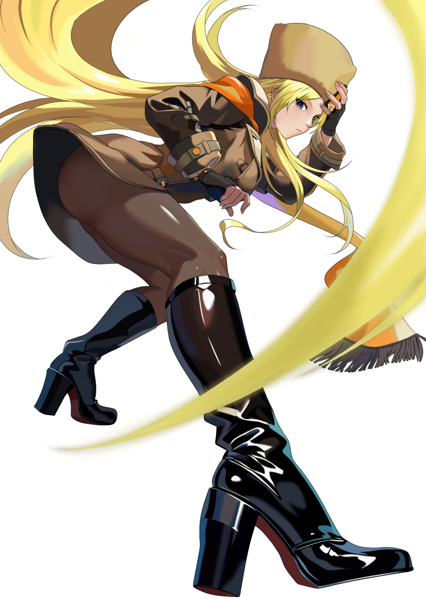 1girl absurdres black_footwear blonde_hair blue_eyes boots breasts brown_pantyhose closed_mouth coat commentary_request commission detached_sleeves fingerless_gloves fingernails full_body fur_hat gloves guilty_gear guilty_gear_xrd hat high_heels highres knee_boots long_sleeves looking_at_viewer medium_breasts millia_rage pantyhose shiny_clothes simple_background skeb_commission ushanka white_background yagi_(joe731842)