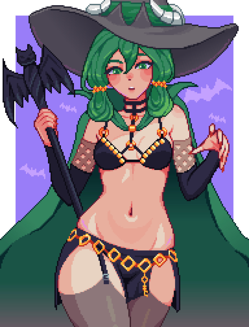 1girl absurdres breasts cloak cowboy_shot garter_straps green_cloak green_eyes green_hair hat highres holding holding_staff long_hair navel pixel_art red_nails solo staff thighhighs unicorn_overlord witch_hat yahna yumykon