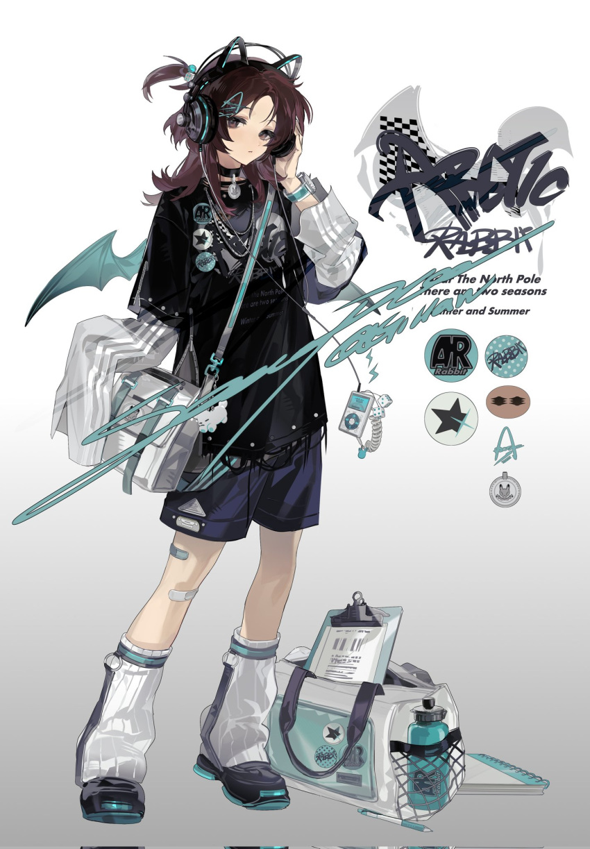 1girl animal_ear_headphones animal_ears bag bandaid bandaid_on_leg barcode black_choker black_shirt black_shorts bottle brown_hair cat_ear_headphones choker clipboard clothes_writing commission corrupted_twitter_file dice digital_media_player english_text fake_animal_ears full_body gillannn gradient_background grey_background hand_on_headphones hand_up headphones highres ipod leg_warmers long_sleeves one_side_up original pendant_choker sample_watermark shirt shorts shoulder_bag sleeves_past_wrists solo star_(symbol) striped_sleeves two-tone_background watermark white_background white_bag white_sleeves wolf_cut zipper zipper_pull_tab