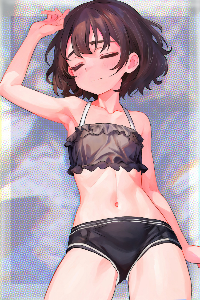 1girl absurdres black_bra black_hair black_panties blush bra closed_eyes commission flat_chest highres lying navel on_back original panties pixiv_commission short_hair sleeping solo tsukiyono_aroe underwear