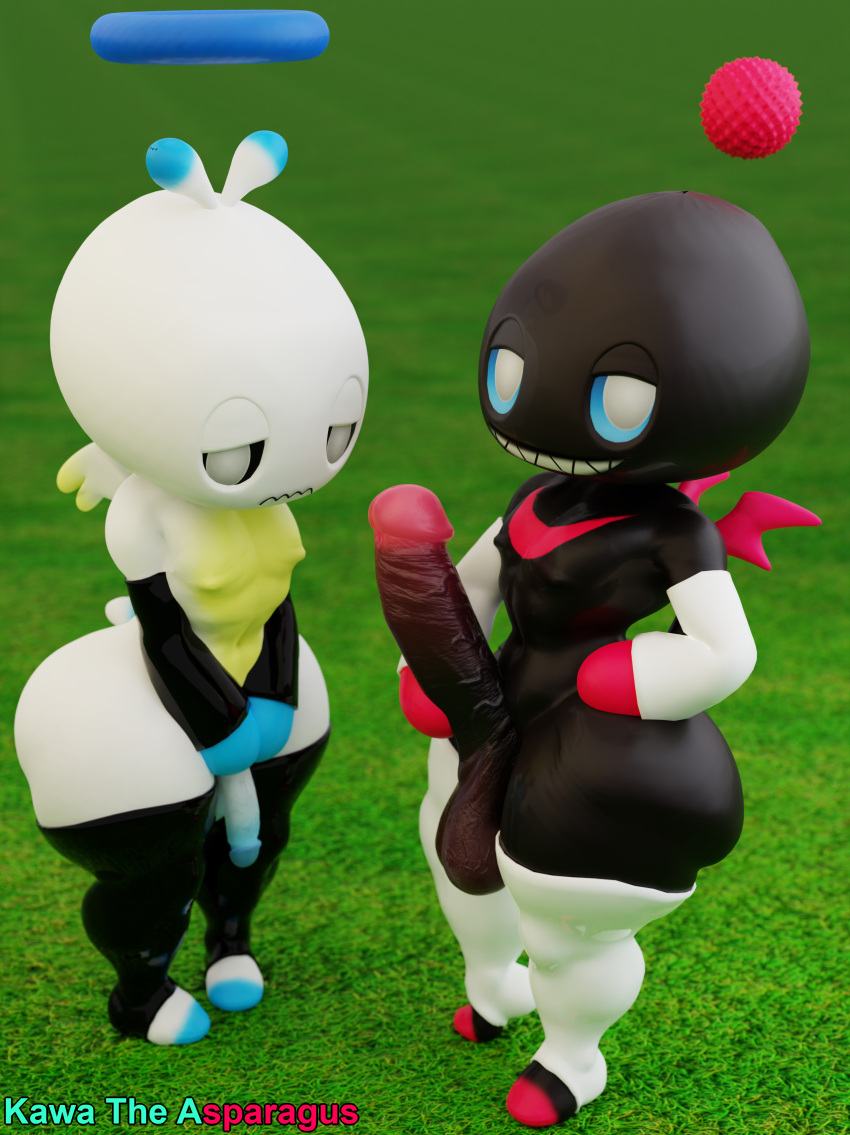 3d_(artwork) absurd_res armwear balls big_balls big_butt big_penis black_body butt chao_(sonic) clothing dark_chao digital_media_(artwork) duo embarrassed english_text erection footwear genitals gloves halo handwear hero_chao hi_res huge_balls huge_penis humanoid humanoid_genitalia humanoid_penis kawa_the_asparagus legwear looking_at_viewer male multicolored_body multicolored_penis nipples not_furry penis sega simple_background smile sonic_the_hedgehog_(series) tail text thick_thighs two_tone_body white_body wings