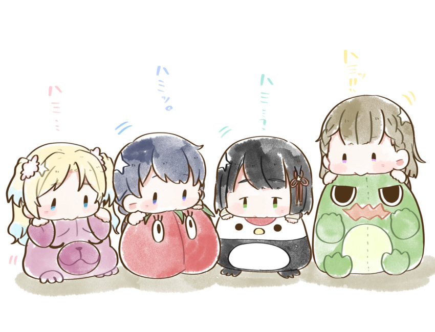 4girls black_hair blonde_hair blue_hair blunt_bangs blunt_ends braid brown_hair bulldog chibi chibi_only chou_chou_(love_live!) colored_tips commentary_request dark_blue_hair flower flower_knot food g_teall green_eyes hair_flower hair_ornament highres kachimachi_kosuzu light_blue_hair link!_like!_love_live! long_hair love_live! momose_ginko multicolored_hair multiple_girls murano_sayaka osawa_rurino parted_bangs pink_eyes shadow short_hair side_braids simple_background straight_hair stuffed_animal stuffed_dinosaur stuffed_dog stuffed_tomato stuffed_toy tomato trait_connection translation_request twintails vegetable virtual_youtuber white_background white_flower |_|