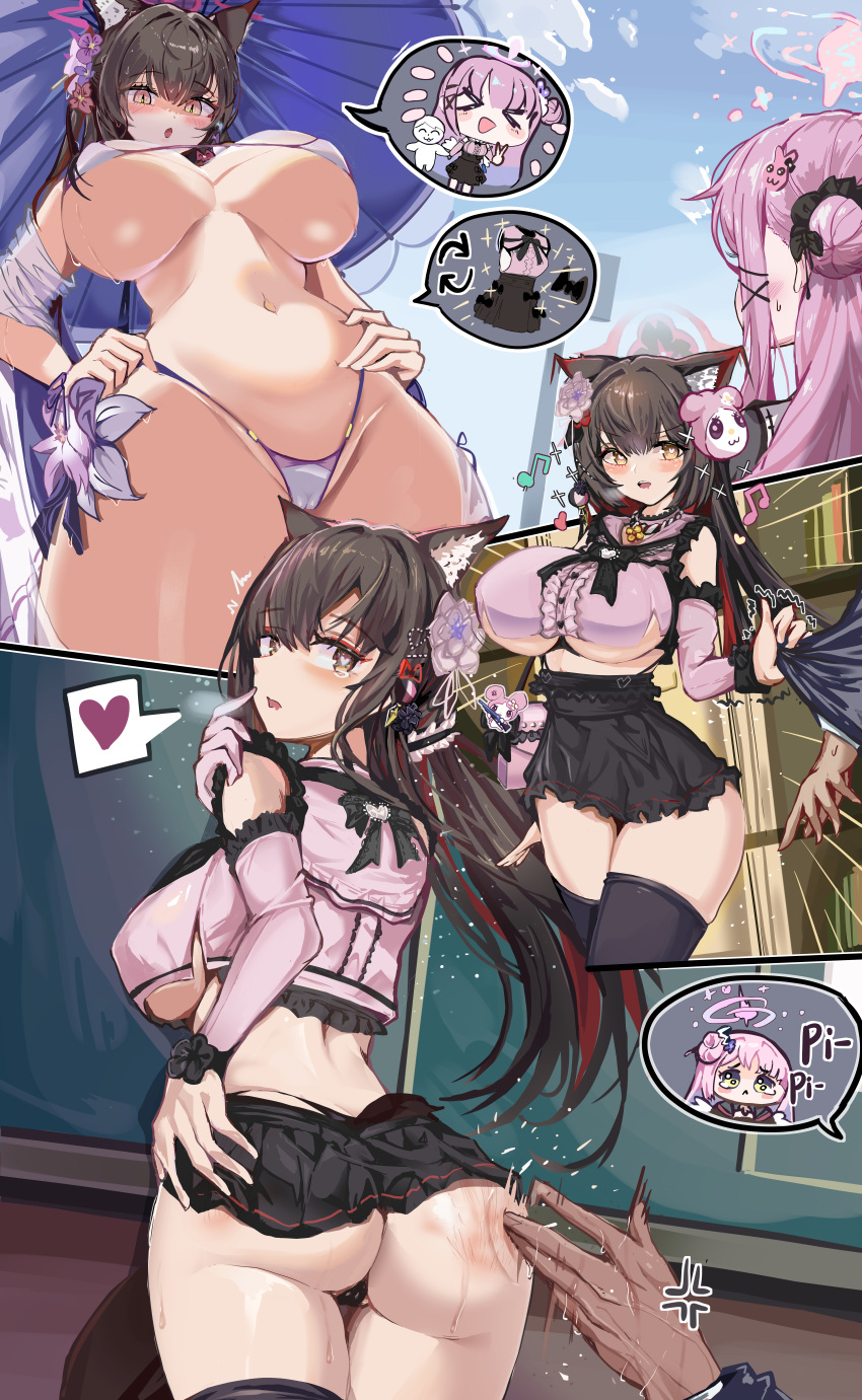 &gt;_&lt; 1boy 2girls absurdres anger_vein animal_ear_fluff animal_ears ass bikini black_hair black_panties black_skirt black_thighhighs blue_archive blush breasts cameltoe clothes_grab cowboy_shot crop_top detached_sleeves flower fox_ears fox_girl from_below hair_bun hair_flower hair_ornament halo hands_on_own_hips heart heart-shaped_pupils highres incredibly_absurdres large_breasts long_hair looking_back looking_down mika_(blue_archive) multiple_girls musical_note navel open_mouth oshiokitime panties parasol pink_hair pink_halo red_halo simple_background single_side_bun skirt slap_mark spanked speech_bubble spoken_character spoken_heart sweat swimsuit symbol-shaped_pupils tearing_up thighhighs umbrella underwear wakamo_(blue_archive) wakamo_(swimsuit)_(blue_archive) white_background white_bikini yellow_eyes