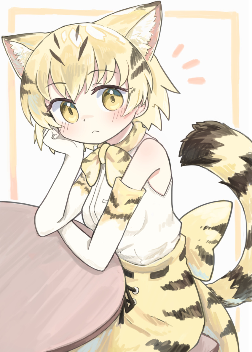 1girl animal_ear_fluff animal_ears bare_shoulders blonde_hair blush brown_background cat_ears cat_girl cat_tail closed_mouth commission elbow_gloves gloves grey_background hand_up highres kemono_friends kibisake looking_at_viewer notice_lines sand_cat_(kemono_friends) shirt skeb_commission skirt sleeveless sleeveless_shirt solo striped_tail table tail two-tone_background white_gloves white_shirt yellow_eyes yellow_skirt