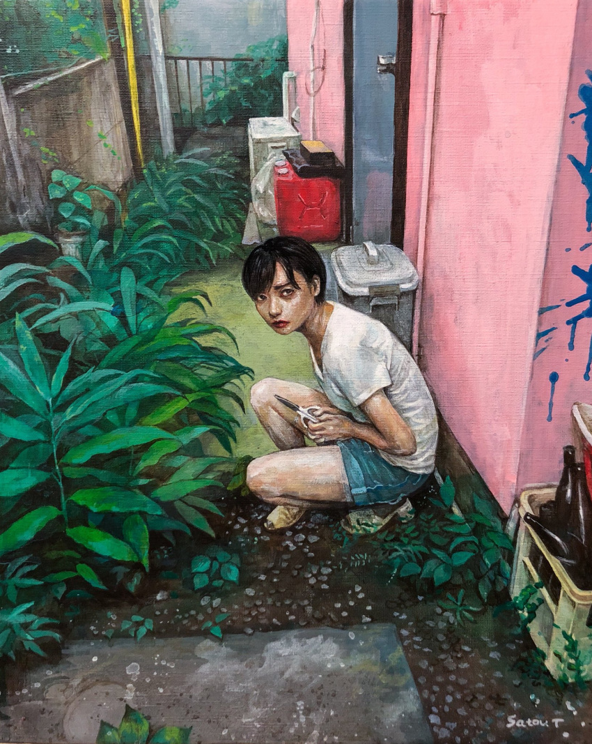 1girl acrylic_paint_(medium) air_conditioner black_hair door highres jerry_can looking_at_viewer medium_hair original painting_(medium) path plant realistic satou_t sitting solo traditional_media