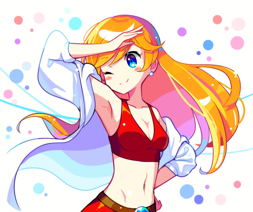 1girl arm_up blue_eyes blush coat crop_top earrings highres jewelry long_hair midriff mona_(warioware) navel offbeat one_eye_closed orange_hair smile stud_earrings warioware white_coat