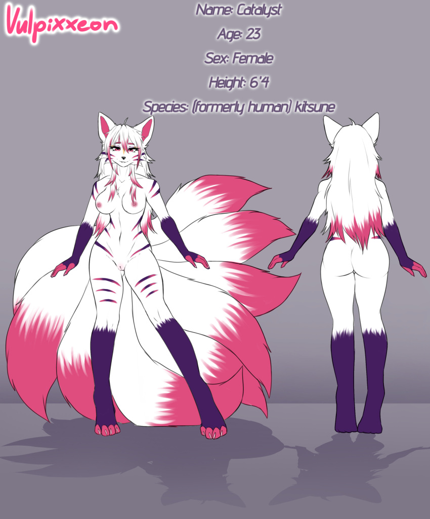 absurd_res anthro big_breasts big_butt breasts butt canid canine catalyst_(fortnite) catalyst_reality_69420_(dracothegolden) english_text epic_games female fortnite fox front_view fur fur_markings genitals gloves_(marking) grey_background hair hi_res leg_markings long_hair looking_at_viewer mammal markings model_sheet multi_tail muscular nipples pink_body pink_eyes pink_fur pink_hair pussy rear_view shadow simple_background smile socks_(marking) solo tail text thick_thighs vulpixxeon watermark white_body white_fur white_hair