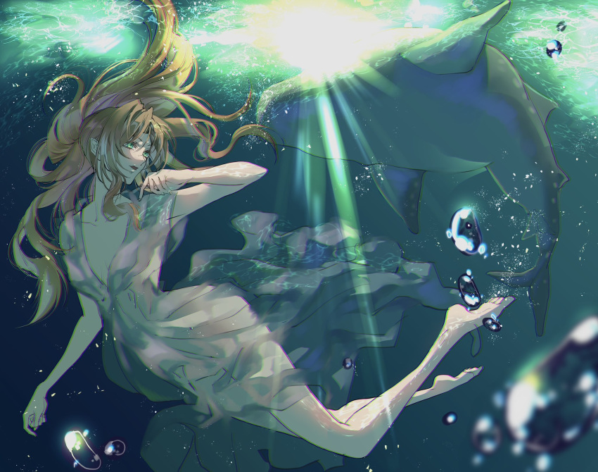 1girl aerith_gainsborough air_bubble bare_arms barefoot breasts brown_hair bubble cleavage collarbone dress eni_(yoyogieni) final_fantasy final_fantasy_vii final_fantasy_vii_rebirth final_fantasy_vii_remake full_body green_eyes highres long_dress long_hair medium_breasts parted_bangs parted_lips pink_dress see-through see-through_dress sidelocks solo underwater wavy_hair whale