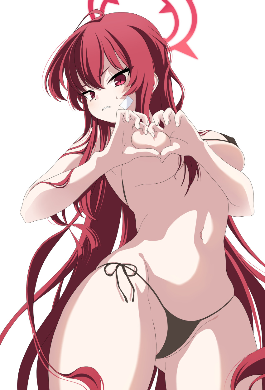 1girl absurdres bandaid bandaid_on_face bikini black_bikini blue_archive blush breasts cleavage covered_nipples front-tie_top halo heart heart_hands highres kokolokokomika large_breasts long_hair looking_at_viewer micro_bikini navel rabu_(blue_archive) red_eyes red_hair side-tie_bikini_bottom simple_background solo string_bikini swimsuit white_background white_bikini