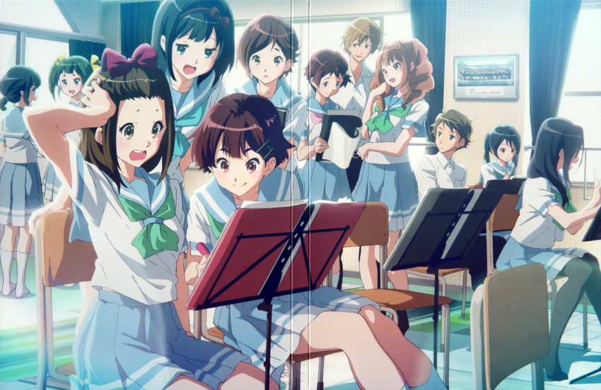 6+girls :d :q absurdres akamatsu_maki aqua_neckwear black_legwear bow chair crease curtains drill_hair extra fukui_sayaka green_neckwear hair_bow hair_ornament hair_ribbon hairband hairclip hand_on_own_cheek hibike!_euphonium highres hitomi_lala ikeda_shouko iwata_keina kahashi_hiro kishibe_miru kneehighs morimoto_michiyo multiple_boys multiple_girls music_stand neckerchief no_shoes noguchi_hideri official_art open_mouth pantyhose pink_neckwear ribbon sawada_juri scan school_uniform serafuku short_hair short_sleeves sitting smile standing tanaka_asuka taura_mei tongue tongue_out tsukamoto_shuuichi twin_drills twintails white_legwear window