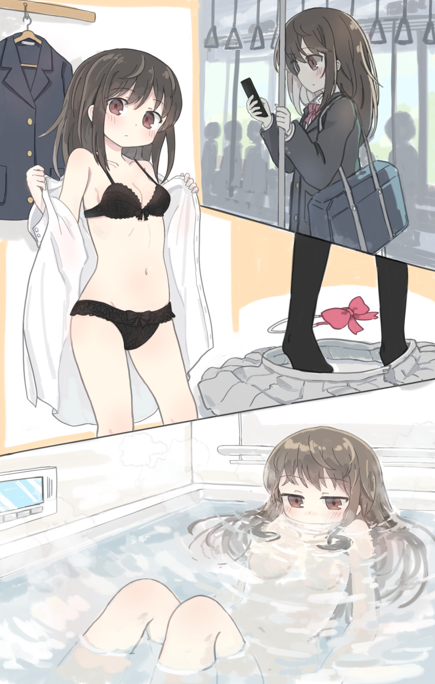 1girl bag bath bathing bathtub black_bra black_hair black_jacket black_panties blazer blush bow bow_bra bow_panties bra breasts brown_eyes cellphone closed_mouth clothes_hanger collared_shirt commission copyright_request dress_shirt grey_skirt groin hair_between_eyes hand_grip highres holding holding_phone jacket kibisake long_sleeves medium_breasts navel nude panties partially_submerged people phone pink_bow pleated_skirt puffy_long_sleeves puffy_sleeves school_bag school_uniform shirt silhouette skeb_commission skirt train_interior underwear undressing unworn_skirt water white_shirt