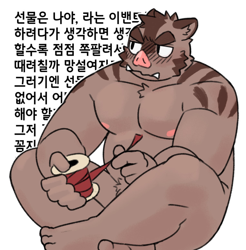 2023 anthro blush hermann_(knights_college) hi_res humanoid_hands kemono knights_college korean_text male mammal moobs musclegut muscular nipples pteragon simple_eyes sitting slightly_chubby solo suid suina sus_(pig) text translation_request wild_boar