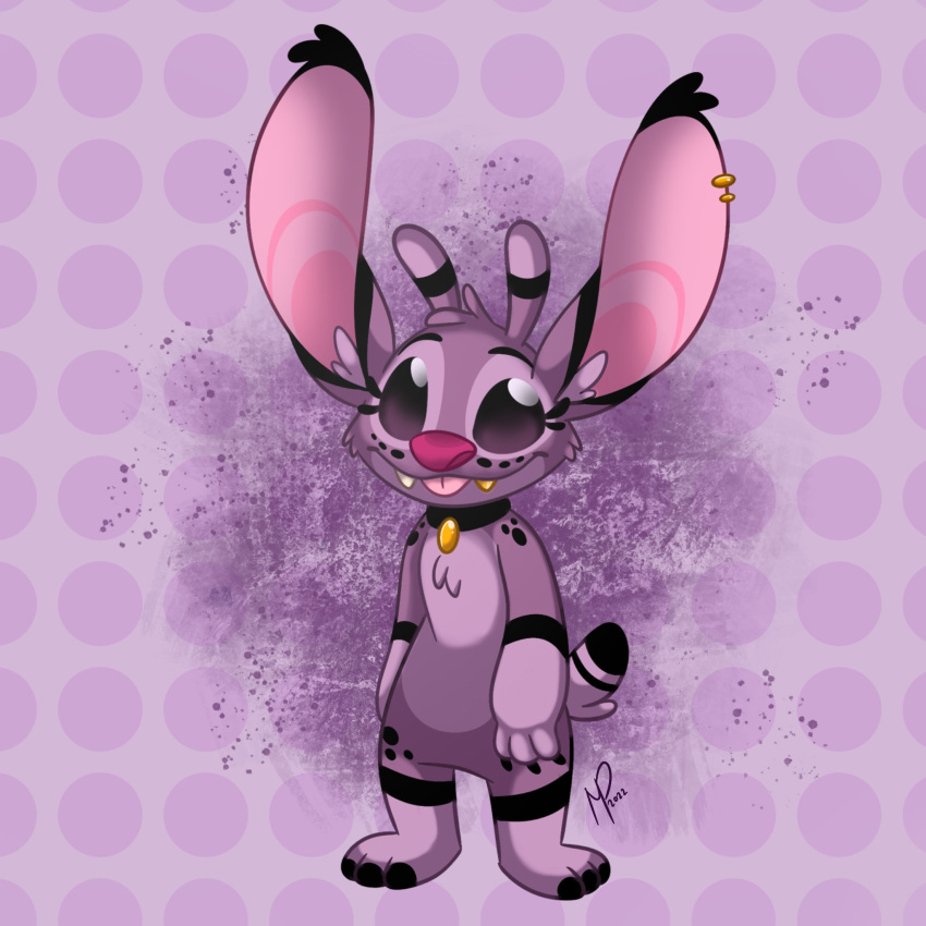 1:1 2022 3_toes alien ambiguous_gender antennae_(anatomy) black_claws blep chest_tuft claws collar collar_only cute_fangs digital_drawing_(artwork) digital_media_(artwork) dipstick_tail disney dotted_background ear_piercing ear_tuft experiment_(lilo_and_stitch) eyelashes fan_character featureless_crotch feet female_(lore) finger_claws fur gloves_(marking) gold_(metal) gold_tooth hi_res inner_ear_fluff jinx_(experiment_676) leg_markings lilo_and_stitch looking_at_viewer markings multicolored_antennae nude pattern_background piercing purple_background purple_body purple_eyes purple_fur purple_inner_ear_fluff purple_nose semi-anthro short_tail simple_background smile socks_(marking) solo standing tail tail_markings thejinxedlinx toes tongue tongue_out tuft