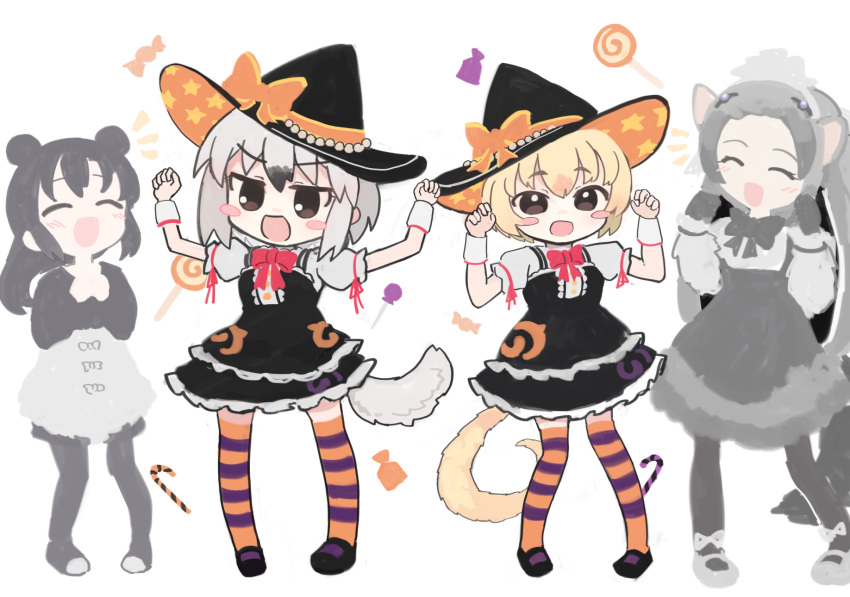 4girls :d ^_^ animal_ears arms_up black_dress black_hair black_hat black_pantyhose black_shirt blonde_hair blush blush_stickers bow brown_eyes candy candy_cane candy_wrapper character_request closed_eyes commission dress food grey_hair grey_shirt hair_between_eyes hands_up hat hat_bow highres kemono_friends kibisake lollipop multiple_girls notice_lines orange_bow pantyhose puffy_short_sleeves puffy_sleeves shirt short_sleeves simple_background skeb_commission skirt sleeveless sleeveless_dress smile standing striped_clothes striped_thighhighs swirl_lollipop tail thighhighs white_background white_skirt witch_hat wrist_cuffs