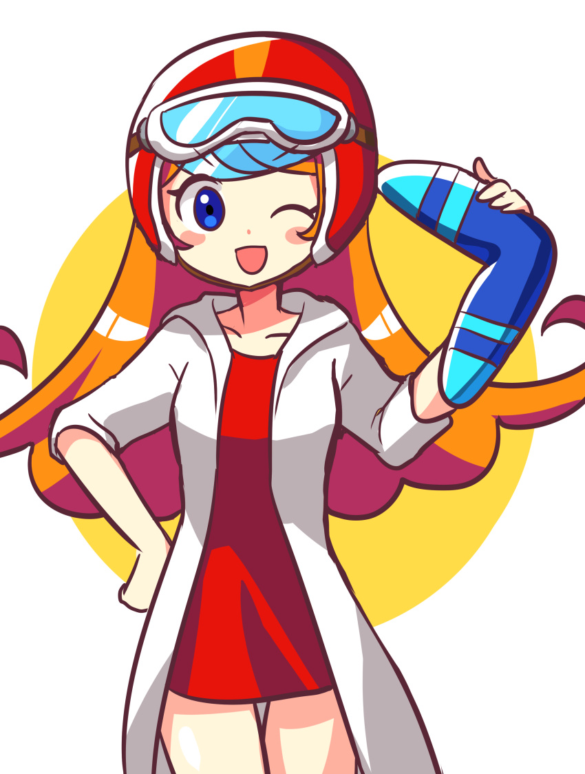 1girl absurdres blue_eyes boomerang coat dress goggles goggles_on_headwear hand_on_own_hip helmet highres long_hair looking_at_viewer mona_(warioware) motorcycle_helmet offbeat one_eye_closed open_mouth orange_hair red_dress simple_background sketch warioware warioware:_get_it_together! white_coat