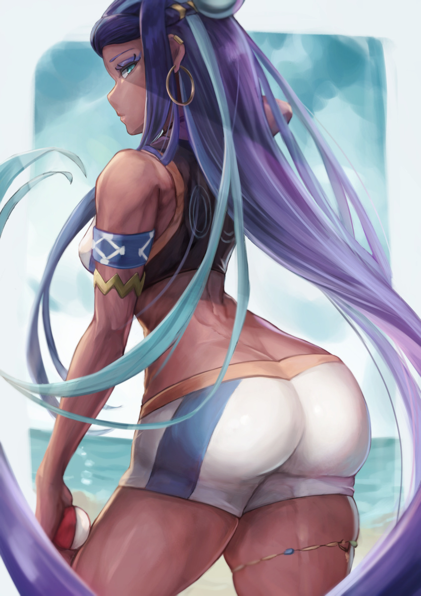 1girl absurdres armlet ass bike_shorts blue_eyes blue_hair breasts butt_crack dark-skinned_female dark_skin earrings eyeshadow from_side ganmenkurei_(ani) highres holding holding_poke_ball hoop_earrings jewelry long_hair looking_at_viewer makeup multicolored_hair nessa_(pokemon) poke_ball poke_ball_(basic) pokemon pokemon_swsh purple_eyeshadow purple_hair shorts solo two-tone_hair very_dark_skin very_long_hair