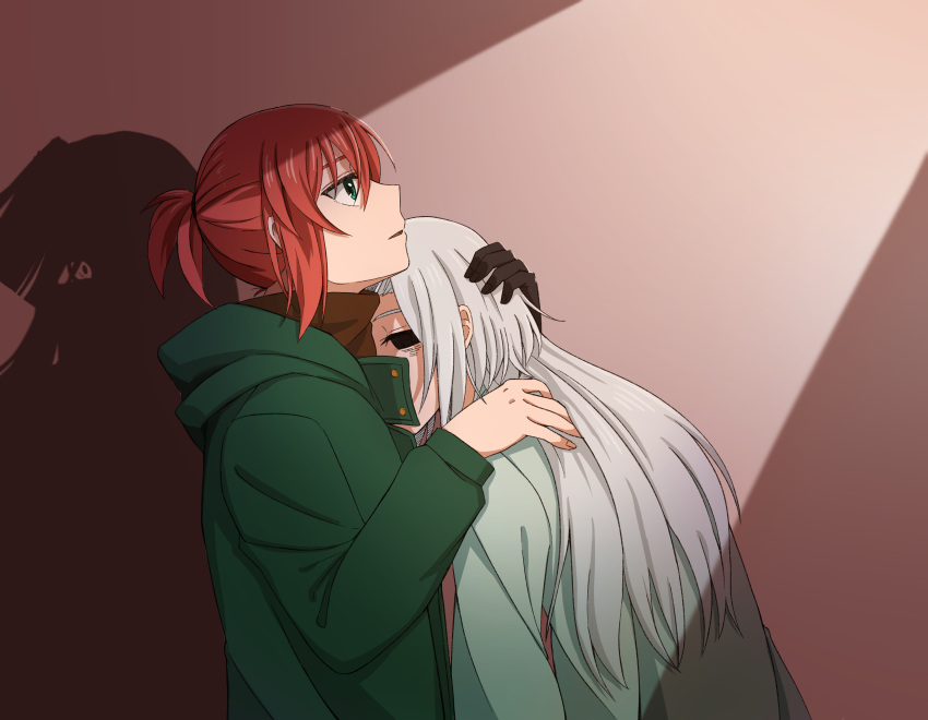 1boy 1girl absurdres black_hands brown_sweater coat delfuze different_shadow eye_socket green_coat green_eyes grey_hair hatori_chise highres hug joseph_cartaphilus long_hair looking_up mahou_tsukai_no_yome parted_lips ponytail profile red_hair short_hair sweater when_you_see_it