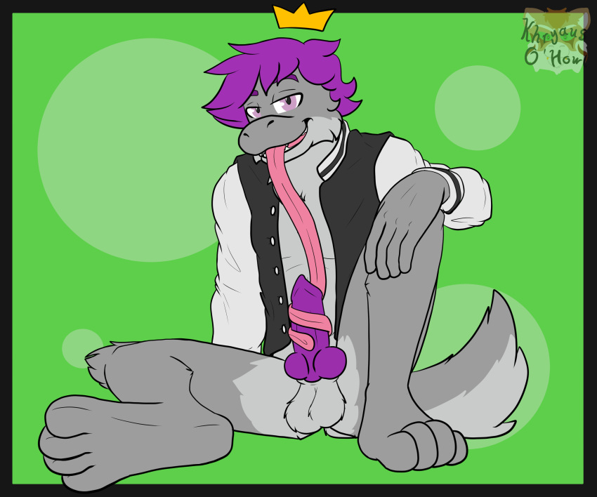 absurd_res anthro balls clothed clothing digital_media_(artwork) erection fur genitals hair hi_res khryaus_o'howl_(artist) king_(crmlcd) long_tongue looking_at_viewer male nintendo oral paws penis sex simple_background smile smug solo tail tongue tongue_out tonguejob topwear
