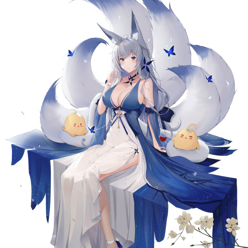 1girl alcohol animal_ear_fluff animal_ears azur_lane bare_shoulders blue_eyes blush breasts bug butterfly cleavage cup dress drinking_glass flower fox_ears fox_girl fox_tail hand_in_own_hair highres large_breasts long_hair looking_at_viewer manjuu_(azur_lane) multiple_tails red_wine shinano_(azur_lane) shinano_(dreams_of_the_hazy_moon)_(azur_lane) sitting solo tail very_long_hair white_background white_flower white_hair wine wine_glass yukiiiiiii